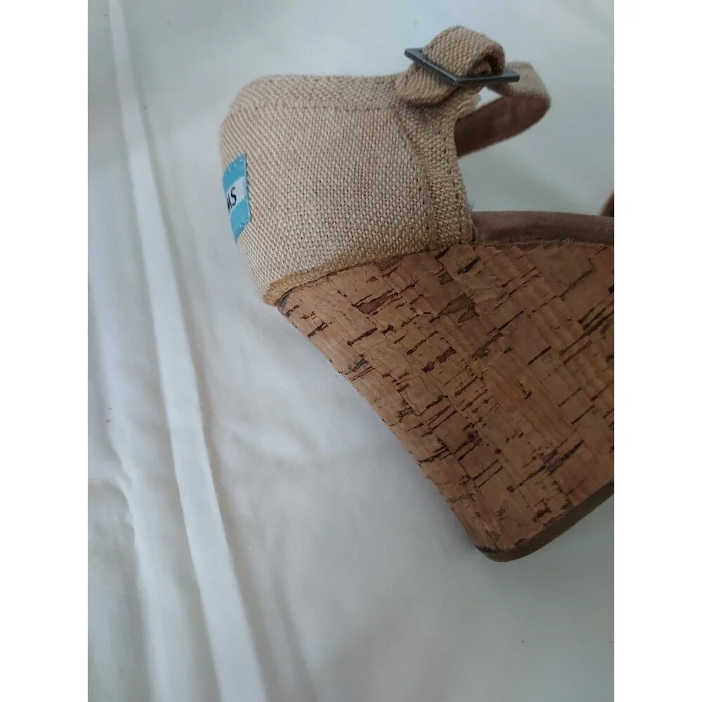 Toms Women's Size 7.5 Sierra Natural Canvas Cork Strappy‎ Wedges Sandals